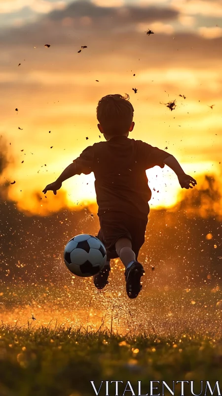 Child kicks soccer ball through wet grass at sunset
