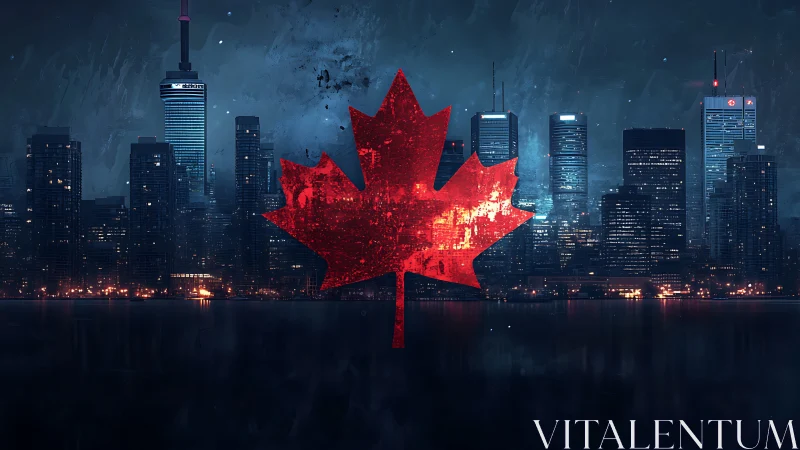 Textured maple leaf emblem over futuristic Canadian skyline.