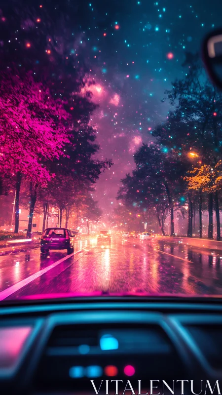 Neon city street glows under cosmic, star-filled night sky.