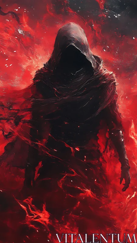 Hooded shadow walks through swirling infernal red storm