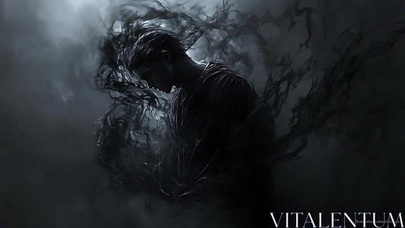 Shrouded figure dissolving into swirling shadow tendrils.