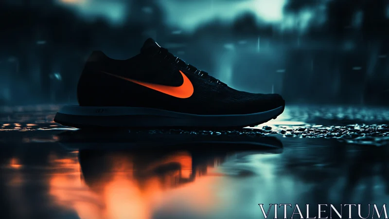 Low-key running shoe silhouette with neon logo and wet specular reflections