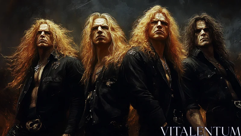 Storm-lit metal quartet in black leather amidst embers.