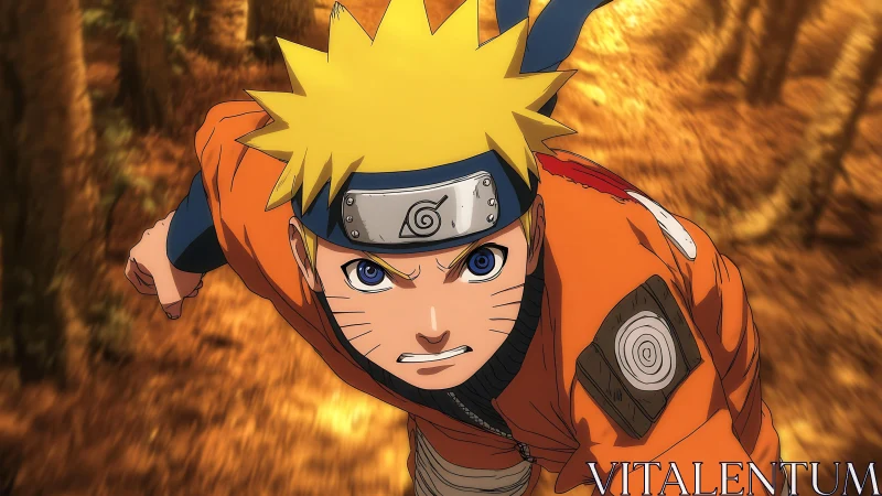 Dynamic ninja charge through blurred autumn forest trail.