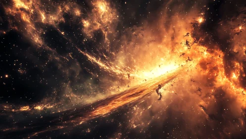 Fiery cosmic nebula with bright stellar energy stream.