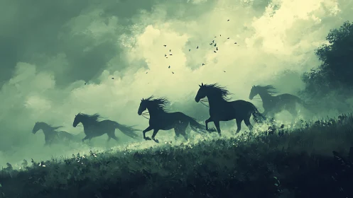Wild horses gallop through misted meadow under storm light.