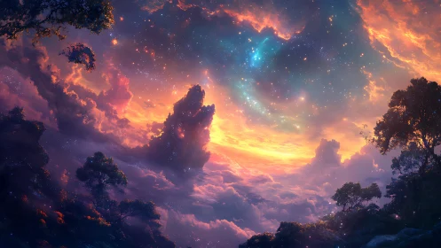 Vibrant fantasy sky over clouds and silhouetted forest.