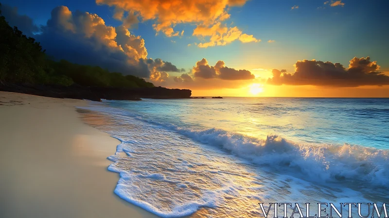 Sunset light reflecting on waves along empty sandy shore.