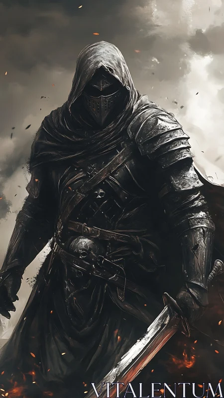 Armored hooded swordsman in dark smoke filled environment.
