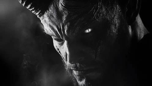 Demonic horned face rendered in high contrast monochrome