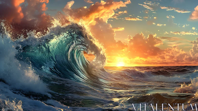 Breaking ocean wave catches sunset light over horizon