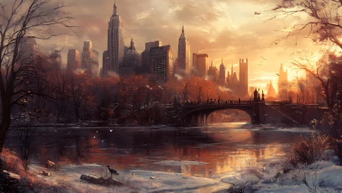 Winter dusk stitches city spires to a glowing river sky