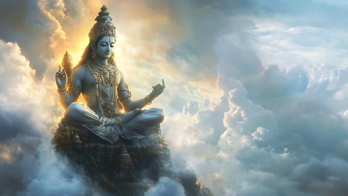 Serene celestial deity resting in gentle radiant clouds.