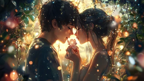 Softly glowing lovers amid sparkling twilight garden lights.