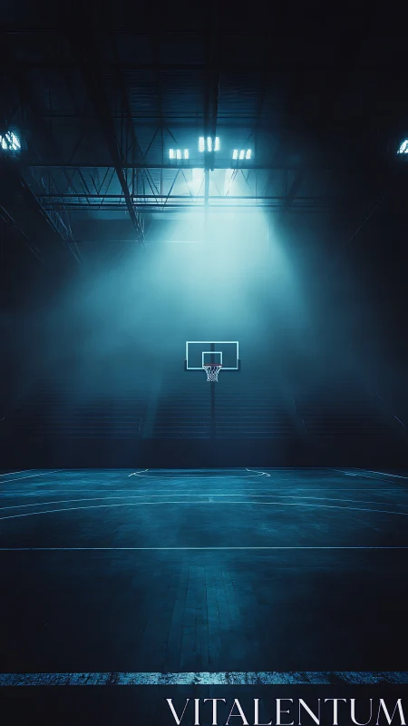 Lone hoop under arena lights in cinematic midnight silence.