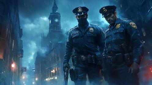 Midnight tactical officers in cinematic rain-soaked cityscape.