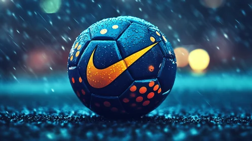 Rain-soaked synthetic football with hydrophobic surface detailing.