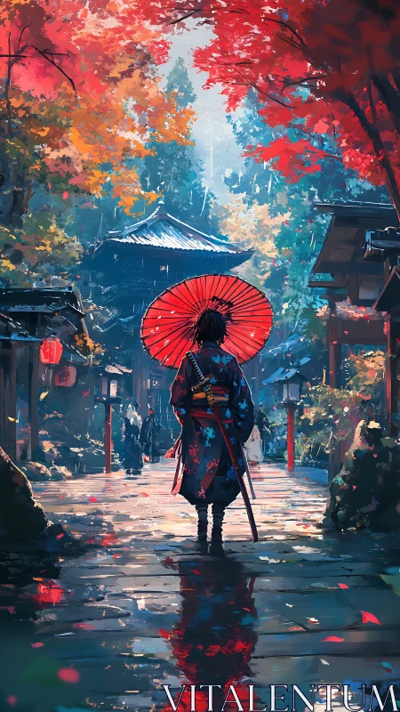 Digital painting of samurai under vermilion umbrella in shrine street.