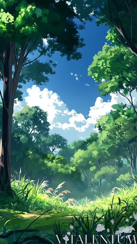 Forest Canopy Opening Beneath Azure Sky.