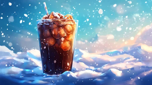Iced cola glass in luminous winter snow environment.