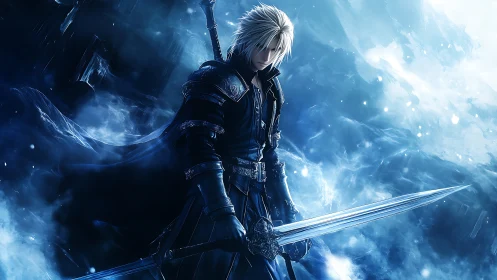 Icebound swordsman stands in swirling blue magical storm.