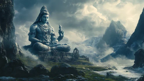 Colossal meditative deity statue in misty mountain valley.