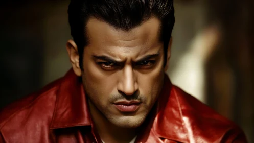 Intense male portrait in red leather jacket, moody light.