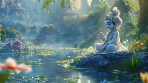 Child deity statue sits meditating beside reflective pond