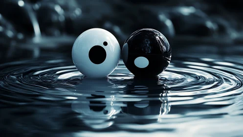 Yin yang spheres floating on rippling reflective water surface
