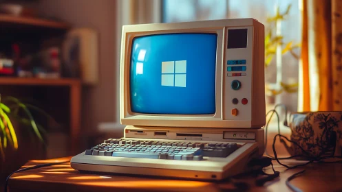 Vintage desktop computer displaying modern OS logo screen.