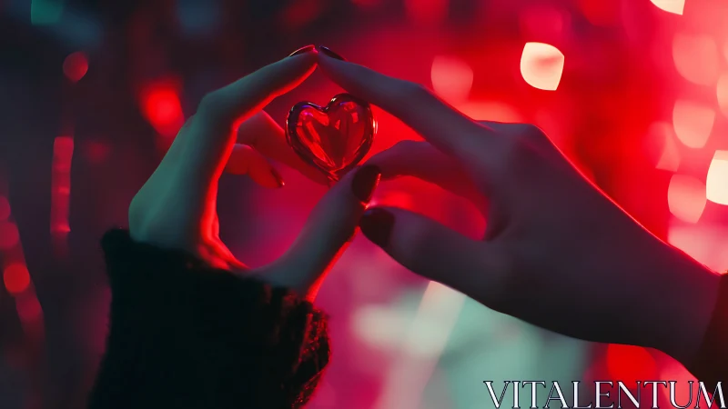 Neon Heart Symphony: Luminescent Love Held Aloft in Crimson Light.