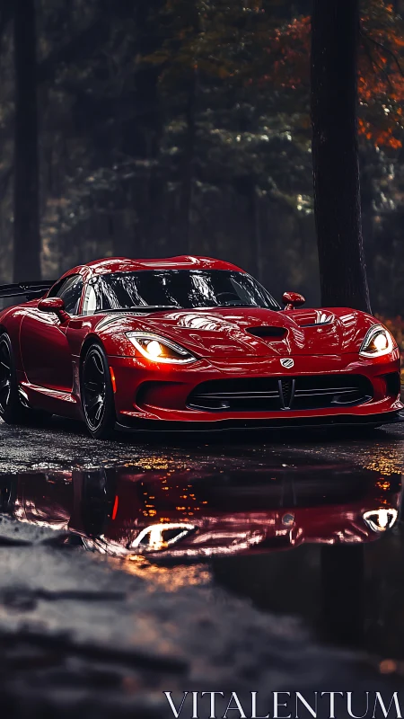 Chromatic sports coupe mirrored in wet forest roadway reflection.