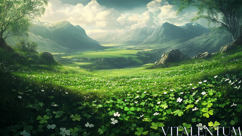 Sunlit clover valley opening into distant misty mountains.
