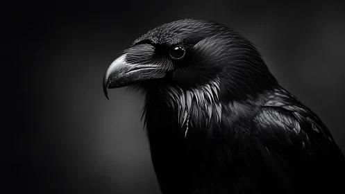 Dramatic Close-Up Portrait of a Raven in Moody Black and White.