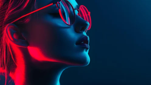 Profile of woman in neon lighting with sunglasses, futuristic style.