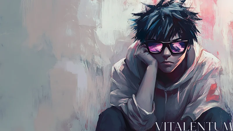 Moody youth in reflective glasses rendered with textured brushwork
