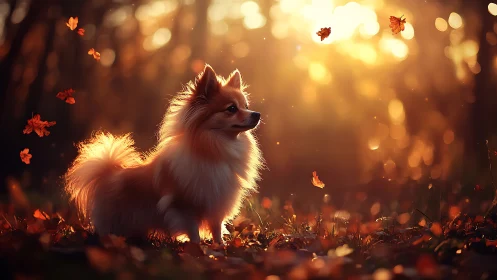 Small dog in autumn woodland with warm backlighting present.