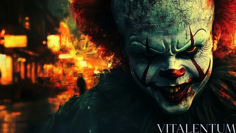 Digital rendering shows sinister clown face in urban night scene