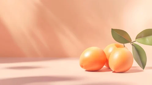 Three Apricots with Green Leaves in Soft Pastel Still Life.