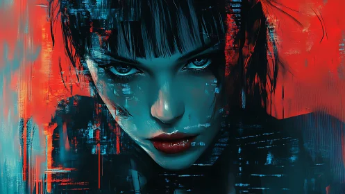 Cyber noir woman stares through glitching neon shadows.