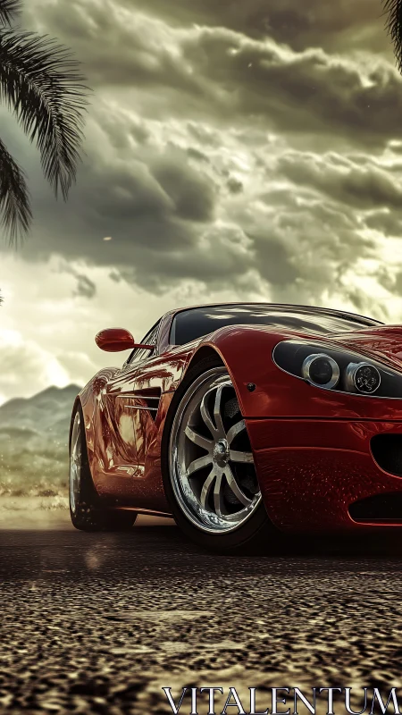Red supercar cuts coastal road under stormlit sunset sky.