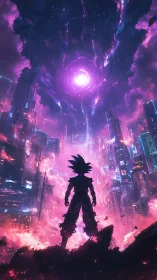 Silhouetted warrior under neon vortex above cityscape.