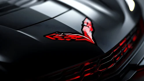 Red sports car emblem gleams on glossy black hood closeup