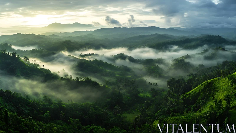 Morning mist drifts through lush green tropical mountain valleys