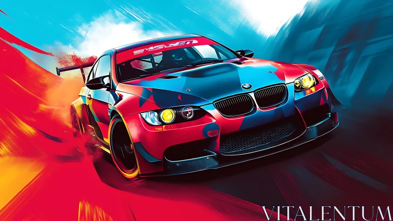 Racing coupe surges through neon gradients and motion blur.