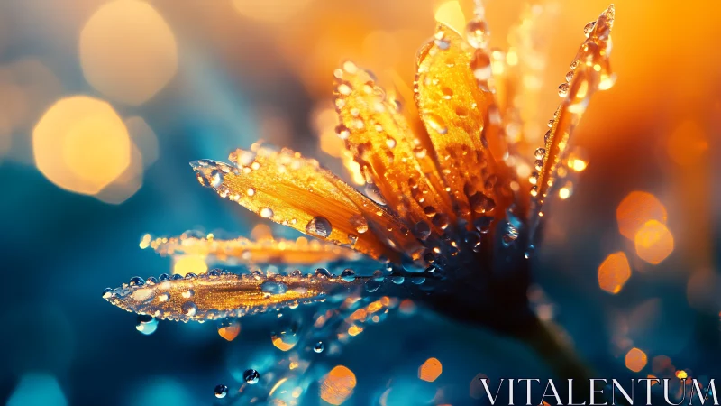 Dewdrop-Covered Flower Petals with Warm Golden Bokeh.