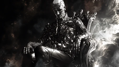 Cybernetic chrome monarch seated on baroque throne in smoke.