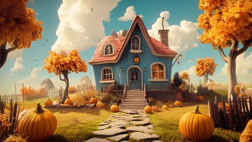 Pumpkin-bright autumn cottage cozies under a candy sky