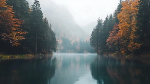 Coniferous Forest Canyon with Autumn Foliage and Specular Water Reflection