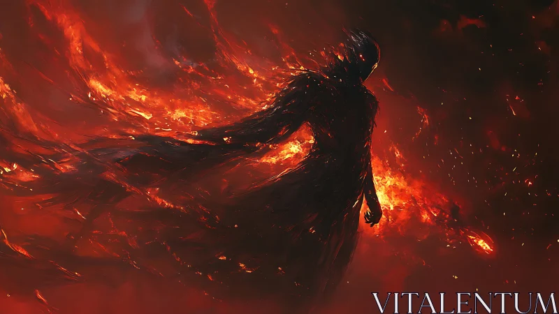 Silhouetted humanoid form amid abstract red fire field.